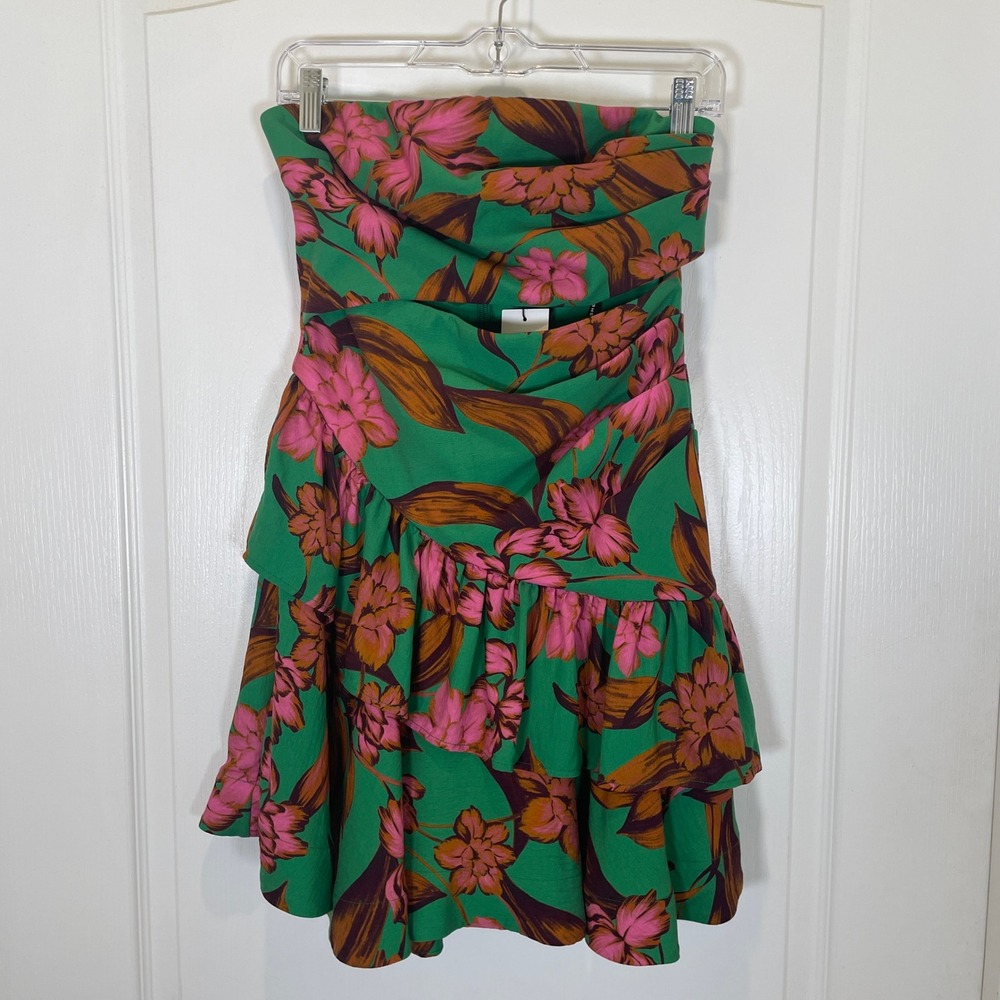 SHEIKE Bella Mini Dress Green Pink Floral Strapless Cutout Ruffle NWT Size 8 - Picture 2 of 7